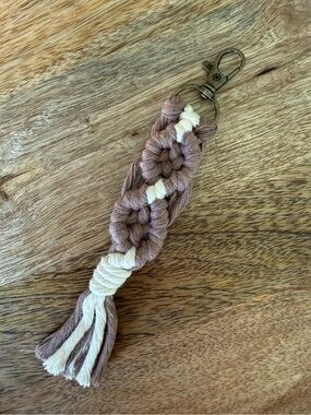 Macrame Keychain Handmade Boho, Bag Charm, Mink and White